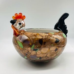 Art Glass Rooster Copper Shimmer Decorative Bowl Planter